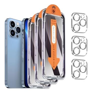 Imagem de Pacote com 3 + 3 protetores de tela de privacidade para iPhone 13 Pro com protetor de lente de câmera cobertura total, película de vidro temperado antiespião, dureza 9H, fácil instalação, sem bolhas