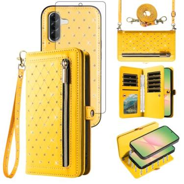 Imagem de Capa de telefone para Samsung Galaxy A36 5G carteira com zíper destacável capa magnética protetora de tela transversal alça de cordão bling glitter flip porta-cartão de crédito slots A 36 36A mulheres