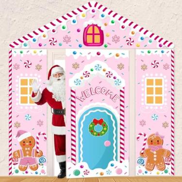 Imagem de Mindsoft 4 peças de decoração de porta de casa de pão de gengibre rosa de Natal, capa de porta de casa de gengibre de Natal, faixa suspensa para parede de casa, varanda, sala de aula, escritório