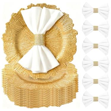 Imagem de PROY Conjunto de 150 placas carregadoras a granel, 50 peças de pratos de carregador de recife de ouro de 33 cm, 50 anéis de guardanapo, 50 guardanapos de tecido, conjunto de carregadores de jantar de