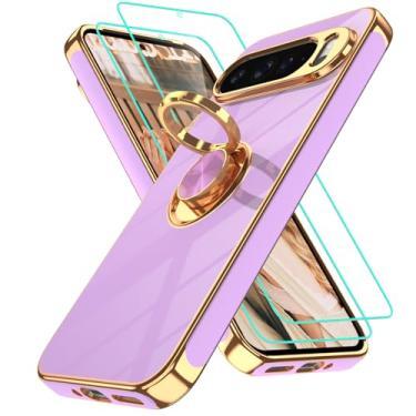 Imagem de Gritup Capa para Google Pixel 9 Pro XL: 2 peças protetoras de tela | Suporte magnético de rotação de 360° | Capa protetora básica de TPU macio com borda dourada revestida para Pixel 9 Pro XL roxo