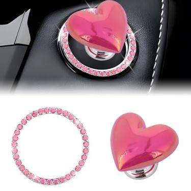 Imagem de LuneClat Capa de botão Push to Start - Capa de arranque de coração de resina e decalque de anel decorativo brilhante, acessórios interiores de carro elegantes, decoração de botões de partida/parada do