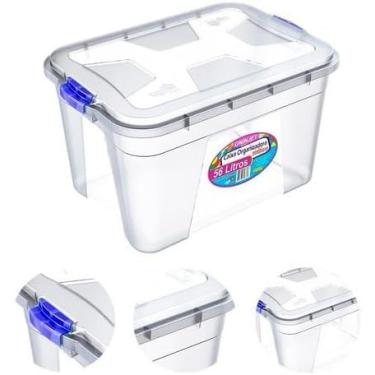 Imagem de Caixa Organizadora Multiuso Transparente Grande 56L Resistente C/Tampa e Travas – Organizador Plástico Grande para Roupas, Brinquedos e Armazenamento