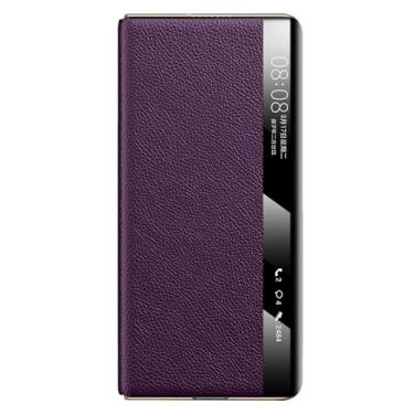 Imagem de LYJSMGZ Capa de couro genuíno para Huawei Mate X7, capa magnética galvanizada flip proteção de corpo inteiro capa de negócios suporta carregamento sem fio, roxo, Mate X7