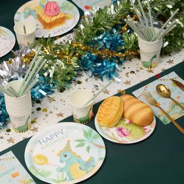 Imagem de Conjunto de decorações de festa de aniversário, pratos de papel e guardanapos com copos e canudos para 24 convidados, 120 peças descartáveis de jantar de sobremesa (dinossauro)