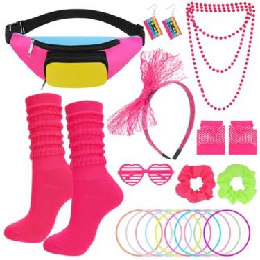 Imagem de Fingertip WD Conjunto de acessórios de fantasia dos anos 80, 22 peças neon retrô pochete faixa de cabelo luvas arrastão pulseira brincos colar meias faixa de cabelo óculos de sol conjunto de roupa
