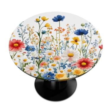 Imagem de Pardick Toalha de mesa redonda ajustada com borda elástica, margarida colorida selvagem, toalha de mesa redonda, impermeável, limpável, para piquenique, pátio, serve para mesas de até 91 a 106 cm de