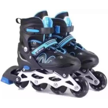 Imagem de Patins Roller Ajustável Preto e Azul com Rolamentos Abec 7, Freio Frontal, Sistema Push Button, Suporta até 60kg (TAM 32-36)