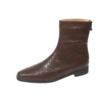 Imagem de Botas curtas femininas casuais quentes de inverno bico fino zíper traseiro salto baixo grosso botas de tornozelo confortáveis sapatos modernos para clima frio, Marrom, 38