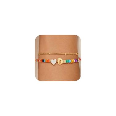 Imagem de Eaciy Pulseiras coloridas com inicial para mulheres e meninas - Pulseira com pingente de coração banhado a ouro 14K com letra inicial Daint A-Z, joias de verão, presentes para meninas adolescentes, 8