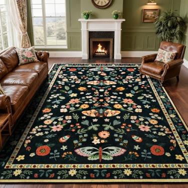 Imagem de Iplusmall Tapete de 15 x 23 cm para sala de estar, tapetes laváveis para quarto, tapete macio fino antiderrapante para sala de jantar, tapetes florais de borboleta grande para escritório, berçário