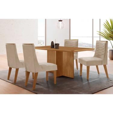 Imagem de Sala Jantar Mesa Berlim Tampo Curvo 120cm+4 Cadeiras Maldivas Madeira Naturale - Capuccino/Suede Creme - Rufato