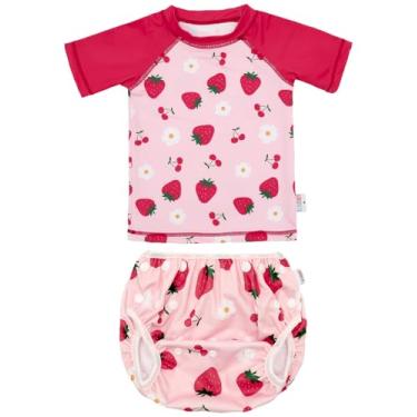 Imagem de ALVABABY Roupa de banho para bebês, roupa de banho infantil de manga curta, fralda reutilizável para bebês com blusa combinando para meninos e meninas, Morangos e vermelhos, 1-3 Anos