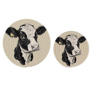 Imagem de Decor Woven Kitchen Conjunto de 2 peças de pegadores de panela, estampa de cabeça de vaca de fazenda cinza tapetes quentes redondos porta-copos para cozinhar, assar, prato quente, panela, tigela, bule