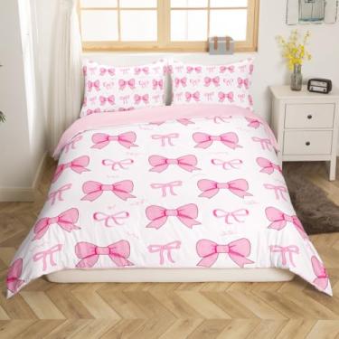 Imagem de Feelyou Conjunto de edredom feminino com laço rosa, tamanho casal para meninas, estilo princesa sonhadora, conjunto de cama infantil, aquarela com laço vermelho, capa de edredom kawaii com 2 fronhas
