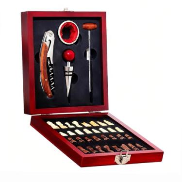 Imagem de Abridor de vinho profissional com termômetro de vinho, anel de gotejamento e conjunto de xadrez, caixa de presente de madeira