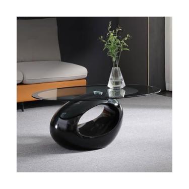 Imagem de Mesa de centro oval, mesa de sala de estar com prateleira de armazenamento, mesa de centro moderna de vidro temperado de 83 cm, mesa central de sofá, mesa lateral de fácil montagem (preto)