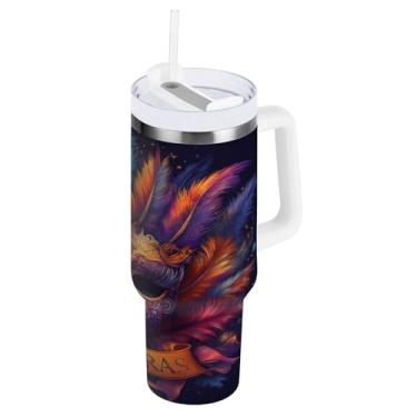 Imagem de Blueangle Copo isolado de máscara colorida de carnaval de 850 g com alça e tampa de palha, caneca de viagem reutilizável de aço inoxidável (153)