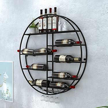 Imagem de Rack de vinho montado na parede - suporte redondo preto elegante para garrafas de vinho e taças de vidro - Prateleira de armazenamento decorativa ideal para bares e cozinhas domésticas