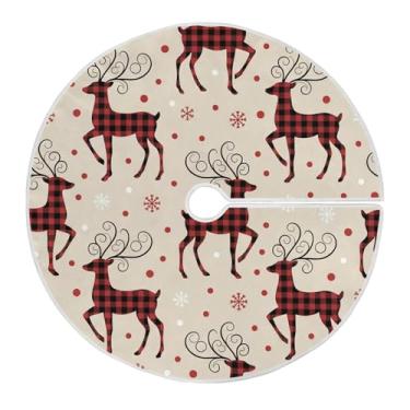 Imagem de Qilmy Saia de árvore de Natal de alce xadrez vermelho 90 cm, saia de camurça para árvore de Natal, adequada para ambientes internos e externos, festas, escritório, armário 588