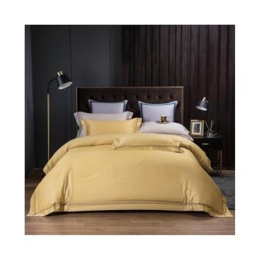 Imagem de Conjunto de capa de edredom bordado de luxo 4 peças de algodão macio nórdico cor sólida suave para a pele (amarelo, tamanho king 4 peças)