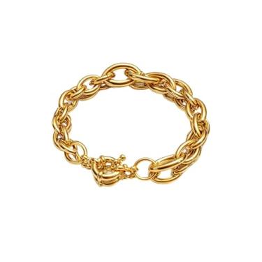 Imagem de Pulseira Feminina de Elos Duplos Banhada a Ouro 18K, Fecho Boia, 19cm, Dourado, Aço Inoxidável, Estilo Moderno