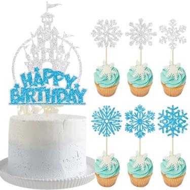 Imagem de Gyufise 25Pcs Ice Castle Cake Toppers Frozen Snowflake Cupcake Toppers Winter Wonderland Happy Birthday Cake Pick Decoration for Frozen Theme Baby Shower Birthday Party Supplies Silver Blue
