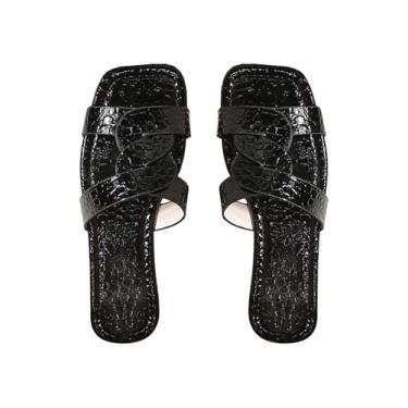 Imagem de GORGLITTER Sandálias femininas com tiras H rasteiras quadradas, bico aberto, elegantes e casuais, sandálias de praia sem cadarço, Preto, 36