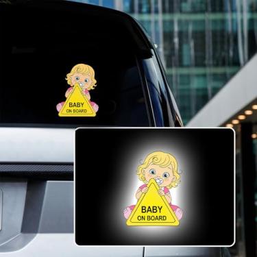 Imagem de Iprokiu Adesivo refletivo de desenho animado bebê a bordo para carro à prova d'água fofo menino menina bebê no carro decalque sinal de aviso de segurança crianças a bordo adesivo de para-choque de