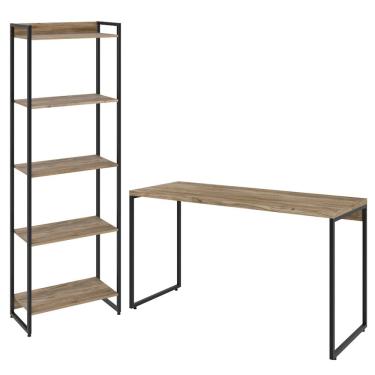 Imagem de Kit Escritório Estante Areta 5 Prateleiras Mesa Industrial Aspen 135cm C01 Carvalho - Lyam Decor