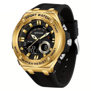 Imagem de Relógio De Pulso Masculino à Prova D'água 50m Esportivo Multifuncional Com Pulseira De Silicone Preto Dourado
