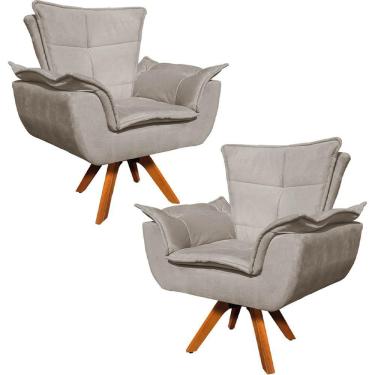 Imagem de Kit 2 Poltronas Decorativas Base Giratória Em Madeira Charger Suede Nude G19 - Gran Belo