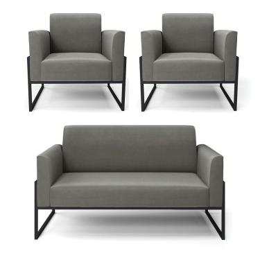 Imagem de Sofá Namoradeira Com 2 Poltronas Base Industrial Alta Preto Marisa Suede D03 - D\'rossi Cor Grafite
