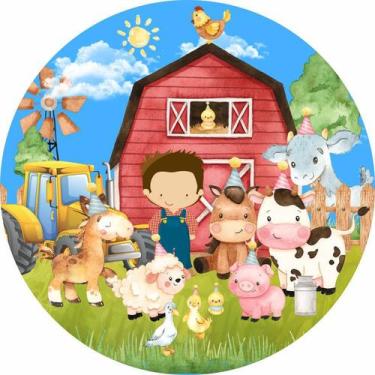 Imagem de Painel de Tecido Sublimado Redondo Fazendinha Trator e Animais c/ Elás