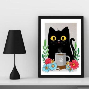 Imagem de Quadro Gato com Caneca Café 24x18cm - Madeira Branca