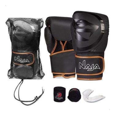 Imagem de Kit Muay Thai Boxe Naja Luva Black Line Pta E Dourada 16 Oz