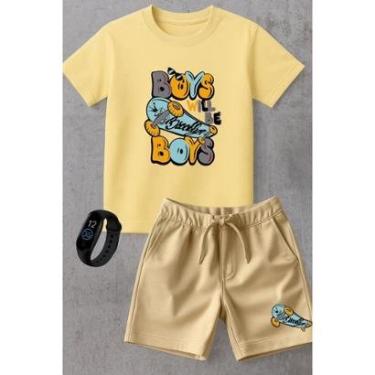 Imagem de Kit Conjunto Infantil Moletinho Camiseta e Short Moda Verão Skate Street Brooklyn com Relógio-Unissex