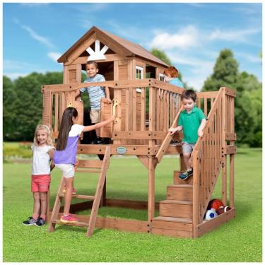 Imagem de Playground Infantil de Madeira, Estilo Chalé com Pia de Brinquedo, Banco Acolchoado e Gráfico de Crescimento, Backyard Discovery, Marrom