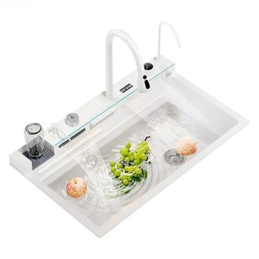 Imagem de Kit Cuba Tecnológica com Cesto Torneira Filtro Dispenser de Sabão Lavador de Copo e Tábua de Corte Branco