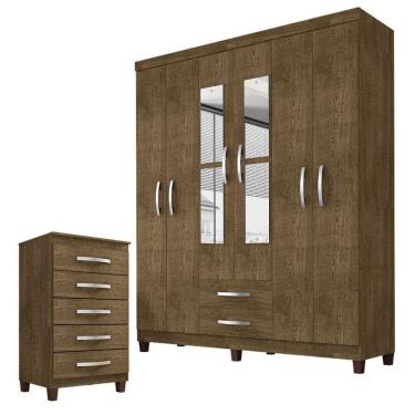 Imagem de Guarda Roupa Casal Modena com Espelho 6 Portas e Cômoda Cannes 5 Gavetas Malbec – Incorplac
