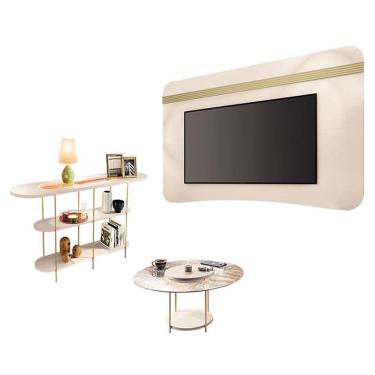 Imagem de Painel Suspenso Armony com Mesa de Centro Sky com Tampo de Vidro e Aparador Infinity Off White Champanhe - HB Móveis