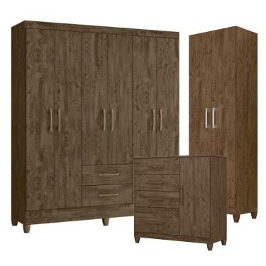 Imagem de Guarda Roupa Casal Panamá com Cômoda Vênus com pés e Armário Multiuso New Íris Castanho...