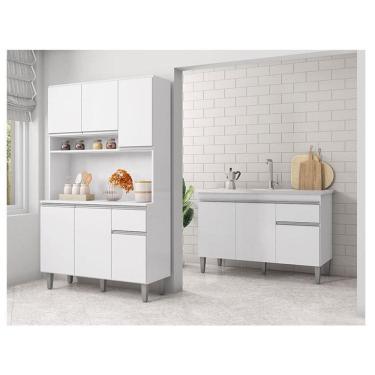 Imagem de Balcão de Pia Tatiane 120 cm e Armário Cozinha Kit Márcia Ambiente Branco Brilho - AJL