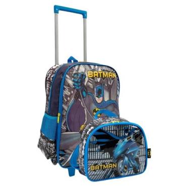 Imagem de Kit Mochila de Carrinho Escolar Infantil + Lancheira Batman Cor:Azul -
