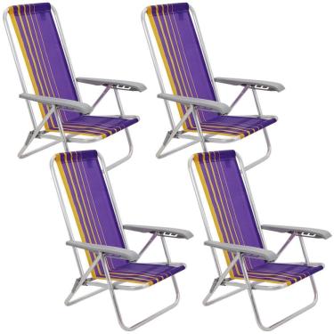 Imagem de Kit 04 Cadeiras de Praia Reclin.Tramontina Bali Baixa em Alumínio c/ Assento Roxo e Amarelo 92900103