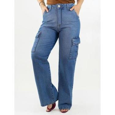 Imagem de Calça Feminina Jeans Wide Leg Alta Bolso Cargo Anticorpus-Feminino