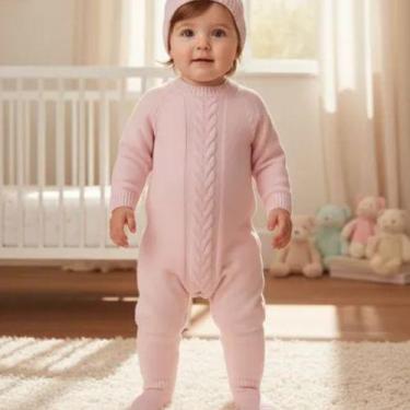 Imagem de Macacão Tricô Bebê com Touca  Menino e Menina Carinhoso, G, Rosa