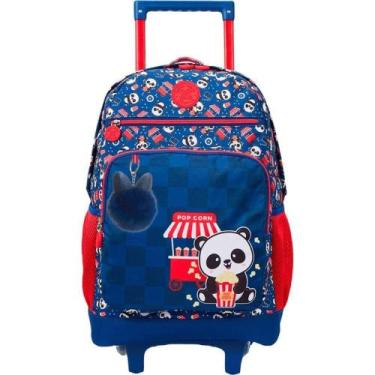 Imagem de Mochila Infantil com Rodinha College Panda Pipoca Azul Grande com Chav