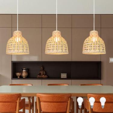 Imagem de 3 Pendente Fibra Natural Em Bambu Bancada Nat52 + Led - Acende a Luz