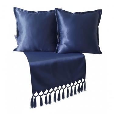 Imagem de Kit Peseira e Capas de Almofada Tecido Jacquard Azul Marinho 2,30x0,43cm com 2 Peças 0,40x0,40cm